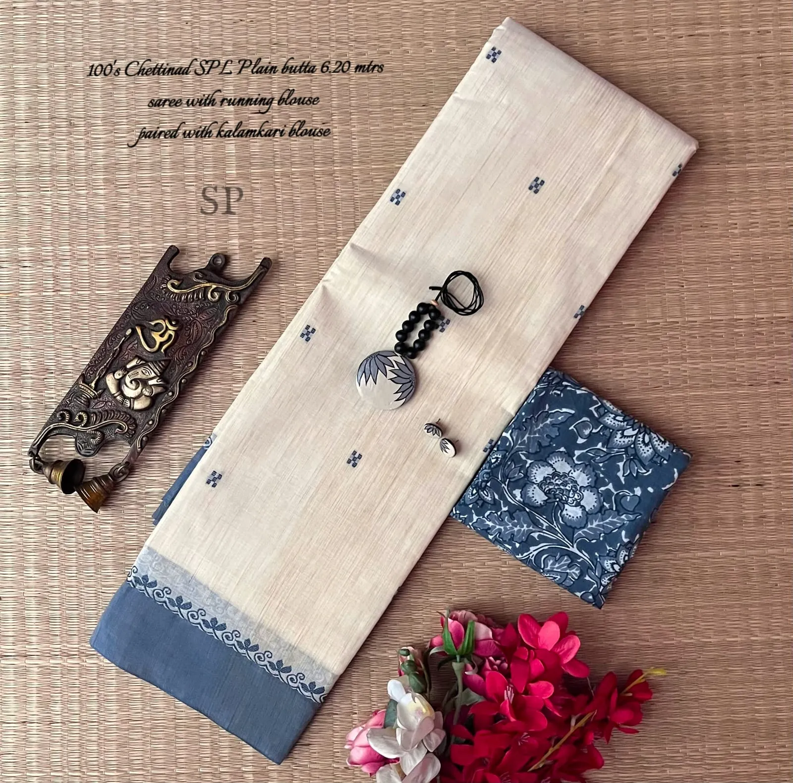 Elegant Chettinad Cotton Saree with Kalamkari Touch
